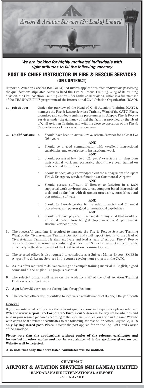 Chief Inspector in Fire & Rescue Services - Airport & Aviation Services (Sri Lanka) Ltd